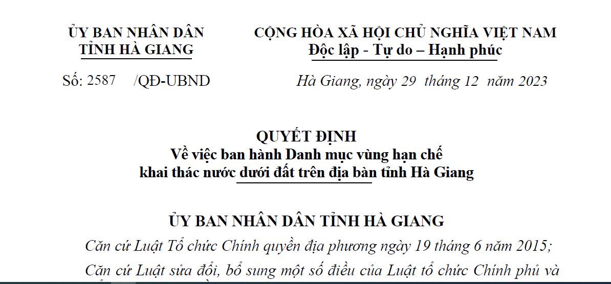 Quyết định 2587/QĐ- UBND tỉnh Hà Giang: Ban hành Danh mục vùng hạn chế khai thác nước dưới đất trên địa bàn tỉnh