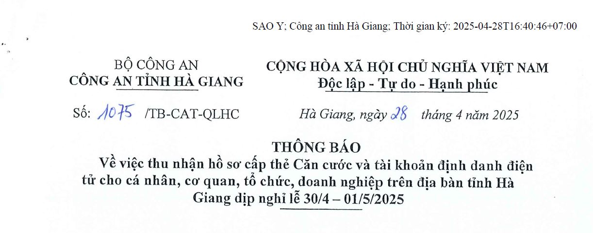 Công an tỉnh tổ chức cấp căn cước và định danh điện tử dịp nghỉ lễ 30/4-1/5