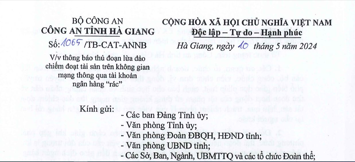 Công an tỉnh Hà Giang: Thông báo thủ đoạn lừa đảo chiếm đoạt tài sản trên không gian
mạng thông qua tài khoản ngân hàng “rác”