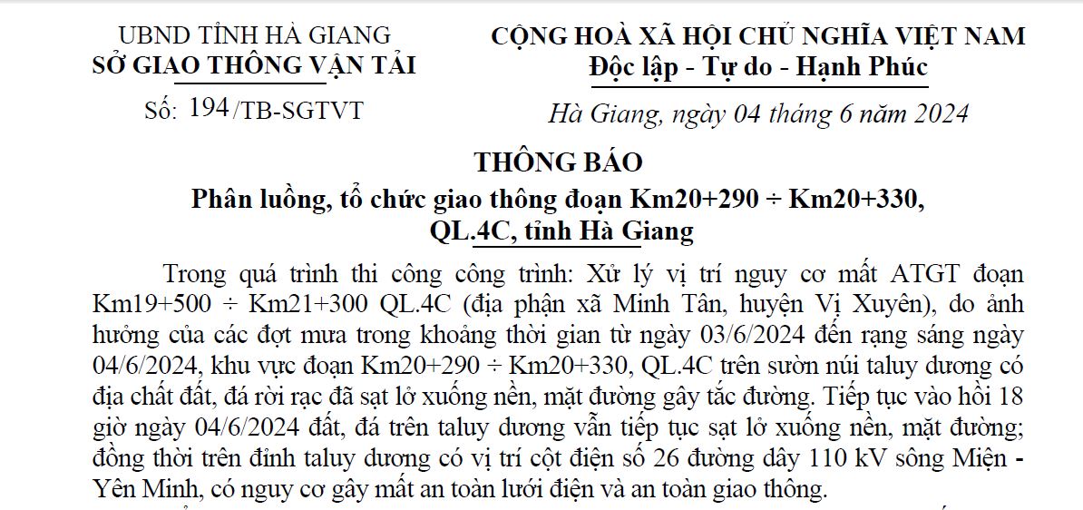 THÔNG BÁO: Phân luồng, tổ chức giao thông đoạn Km20+290 ÷ Km20+330, QL.4C, tỉnh Hà Giang