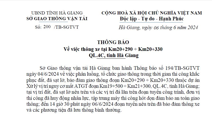 Thông xe tại Km20+290 ÷ Km20+330 QL.4C, tỉnh Hà Giang