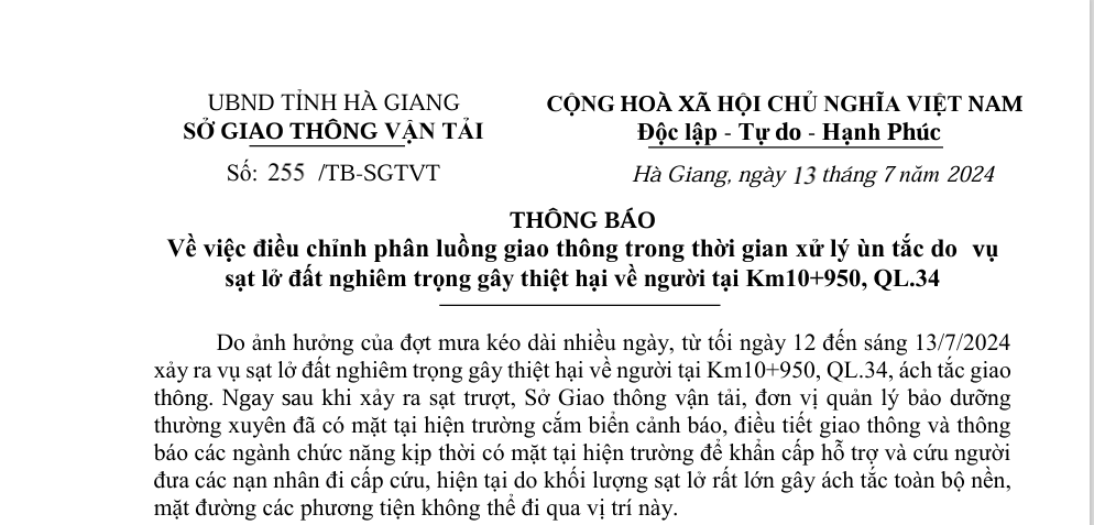 Sở Giao thông Vận tải: Thông báo phân luồng giao thông trong thời gian xử lý ùn tắc do vụ sạt lở đất nghiêm trọng gây thiệt hại về người tại Km10+950, QL.34