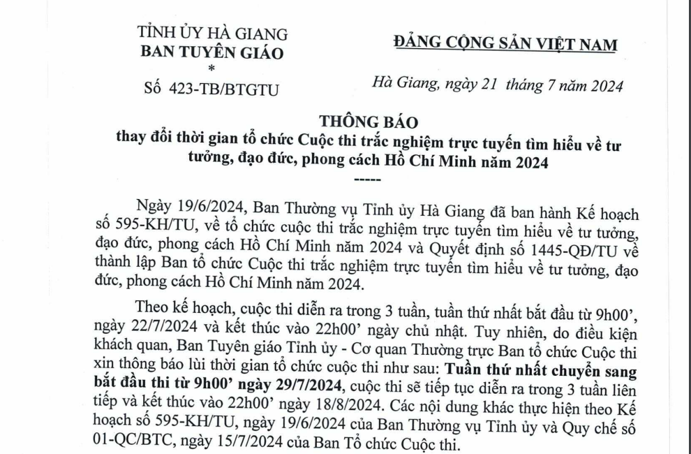 Ban Tuyên giáo Tỉnh ủy: Thông báo thay đổi thời gian tổ chức Cuộc thi trắc nghiệm trực tuyến tìm hiểu về tư tưởng, đạo đức, phong cách Hồ Chí Minh năm 2024