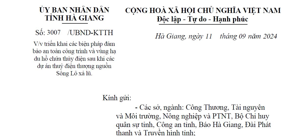 Công văn số 3007 của UBND tỉnh v/v triển khai các biện pháp đảm bảo an toàn công trình và vùng hạ du hồ chứa thủy điện sau khi các dự án thuỷ điện thượng nguồn Sông Lô xả lũ
