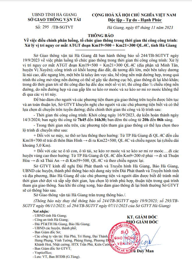 Sở Giao thông – Vận tải thông báo về việc điều chỉnh phân luồng, tổ chức giao thông trong thời gian thi công công trình: Xử lý vị trí nguy cơ mất ATGT đoạn Km19+500 ÷ Km21+300 QL.4C, tỉnh Hà Giang