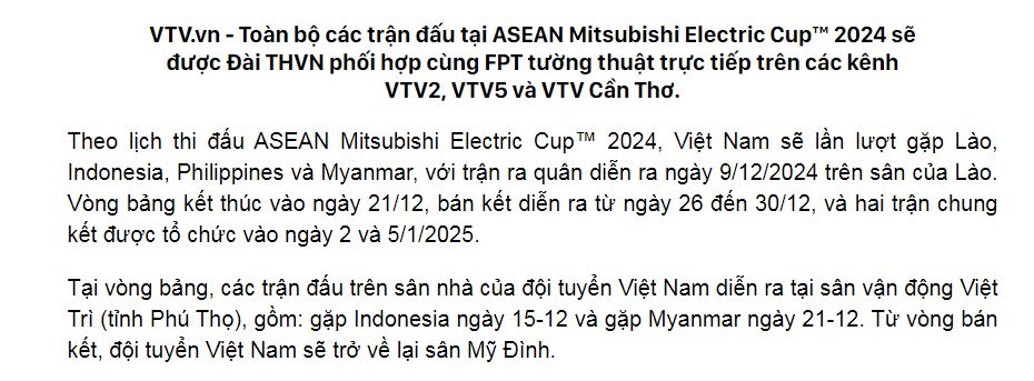 Lịch thi đấu và trực tiếp các trận đấu ASEAN Mitsubishi Electric Cup™ 2024 trên VTV